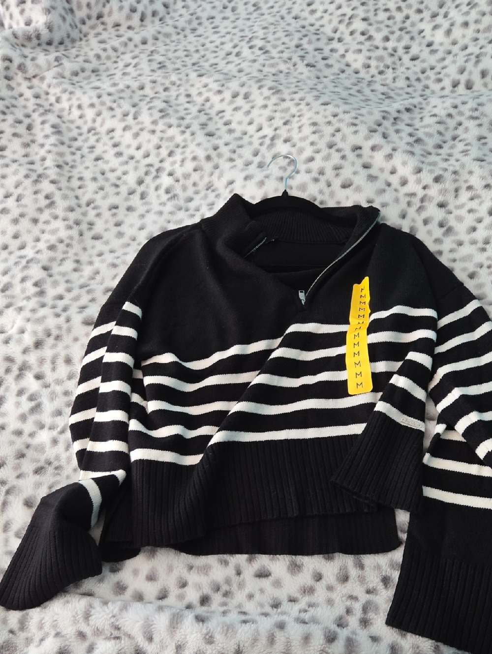 Dkny Black & White Striped Half-Zip Turtleneck Sweater